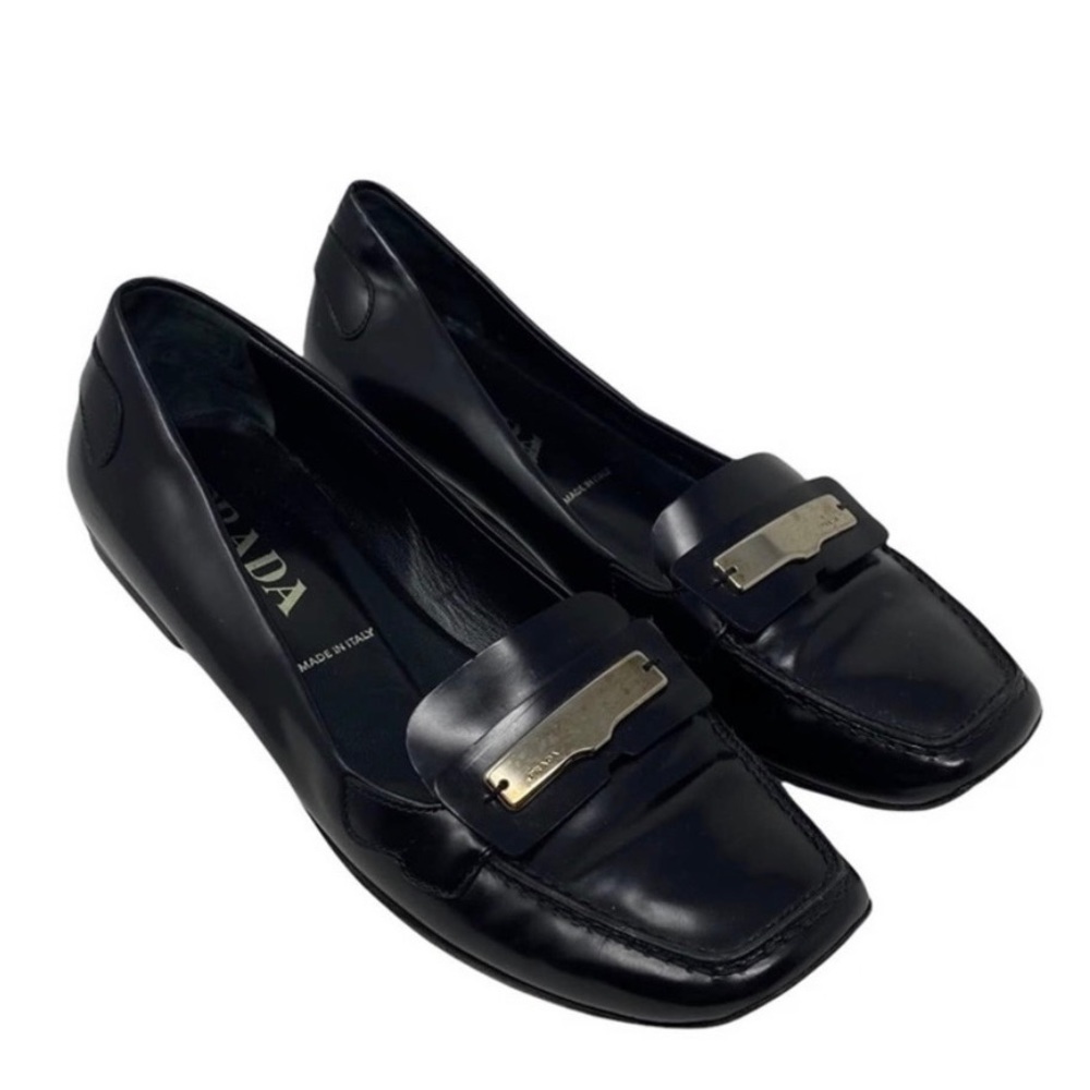 Prada Black Patent Leather Square Toe Loafer Flats with Buckle - Picture 2 of 11